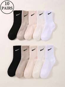 10双秋冬牛奶咖啡色运动袜，简约图案设计，时尚休闲男女通用，柔软透气保暖，情侣款，适合运动、校园、日常穿着 - 彩色 - 查看 6