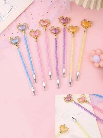 4支/8支装可爱爱心水钻永恒铅笔，免削笔书写笔，送给女学生的文具礼物