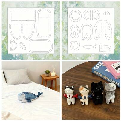 2件套DIY动物缝纫模板，宠物绗缝模板套装，适用于可爱猫咪和鲸鱼玩具，可重复使用的布艺图案尺，简易缝纫DIY套装，适合初学者和手工爱好者（30x30厘米/12x12英寸）