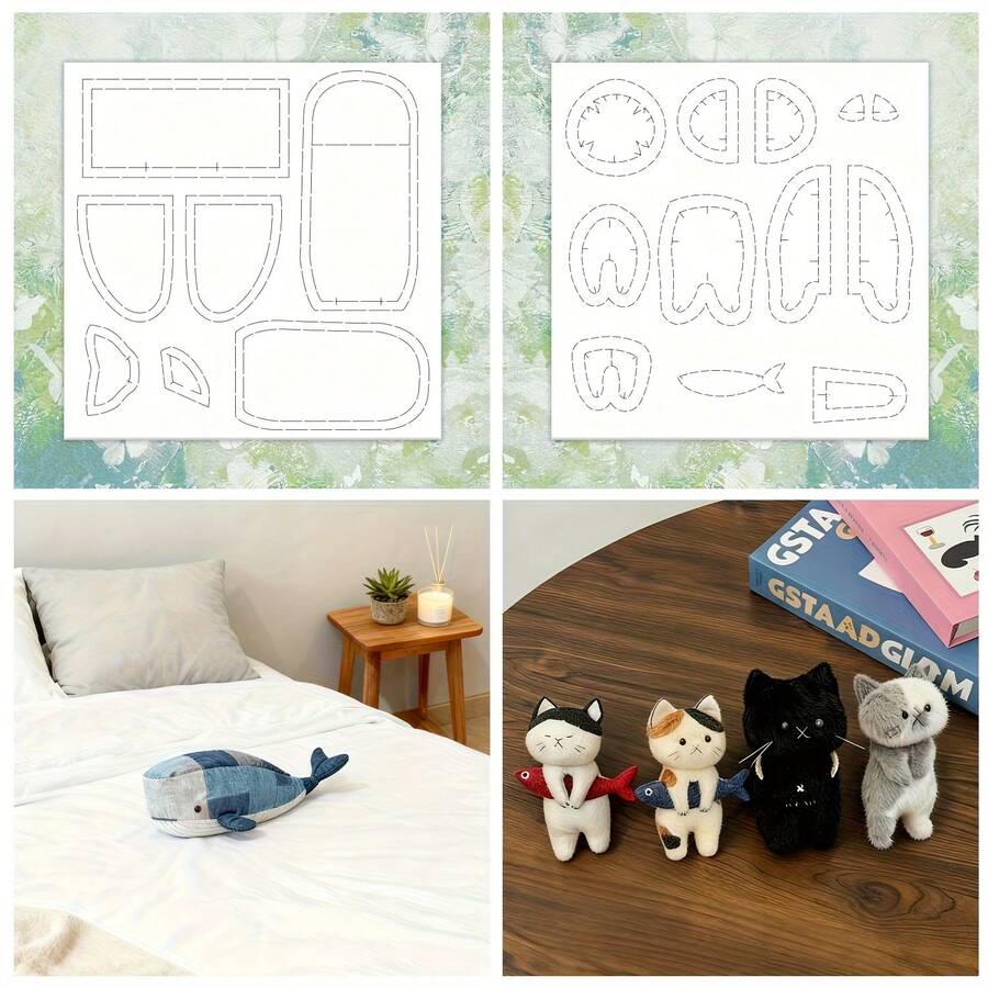 Bộ 2 khuôn may hình động vật tự làm, bộ khuôn may chần hình thú cưng, thích hợp để may đồ chơi mèo và cá voi dễ thương, thước kẻ may vá tái sử dụng, bộ dụng cụ may vá tự làm dễ dàng, phù hợp cho người mới bắt đầu và người làm thủ công (30x30cm/12x12in) - Nhiều màu - Xem 1