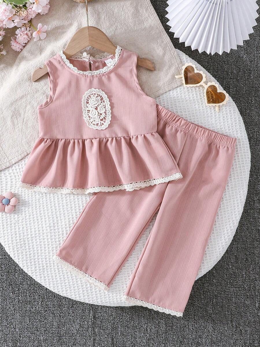 两件套女婴粉色无袖蕾丝装饰上衣+荷叶边裤，甜美休闲装 - 粉色 - 查看 1