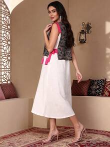 Rochie elegantă Jalabia, fără mâneci, cu broderie și mărgele, cu șnur și ciucure, atmosferă de Ramadan, stil nou 2026