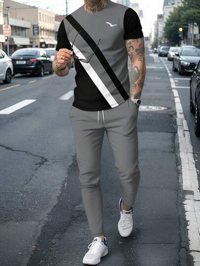 Men's Fashionable Printed Crew Neck Short Sleeve T-Shirt And Pants Set