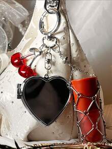 1pc Elegant Valentine's Day/Birthday Gift Silver Lipstick Net Keychain, Y2K Bag Charm Fashion Lipstick Hand Cream Chain Pendant, Heart Mirror Bow Cherry Keychain Car Key Chain - Silver - View 3