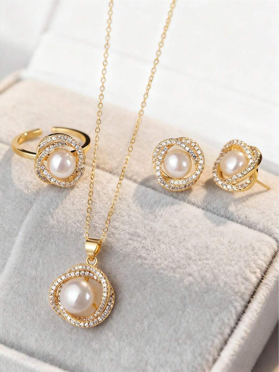 4 件不锈钢首饰套装包括项链、耳环、戒指、复古优雅人造珍珠项链装饰与水钻玫瑰花瓣，适合女性日常/派对佩戴、母亲节和情人节礼物情人节、妈妈、母亲、母亲节、礼物