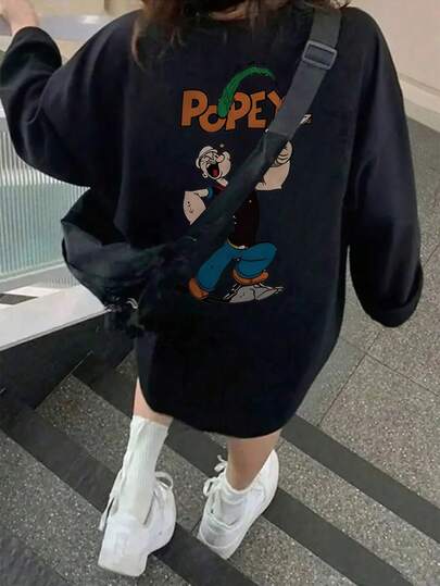 女士简约纯色黑色撞色字母卡通印花休闲宽松百搭日常穿搭圆领罗纹长袖上衣，极简纯色基础款T恤，春季款