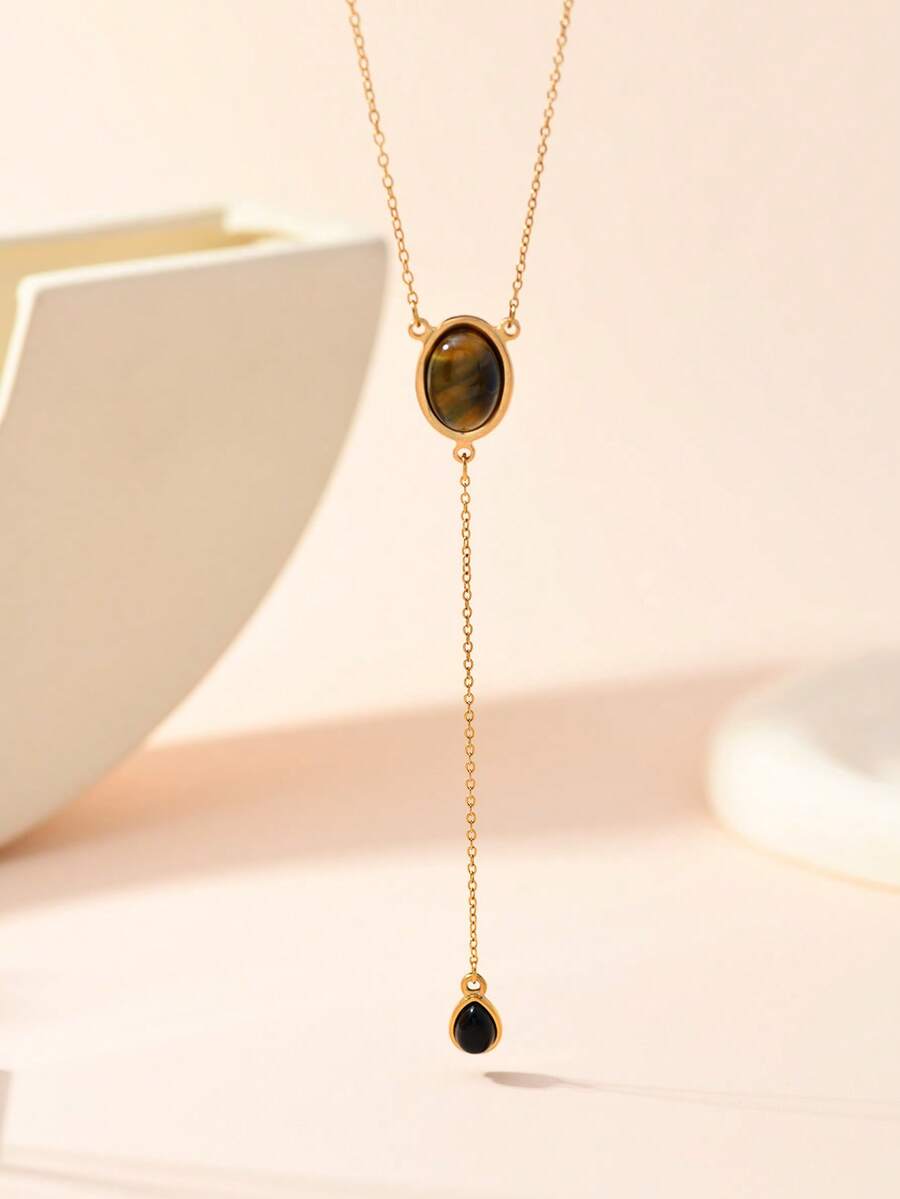 1件复古风18K镀金不锈钢虎眼石毛衣项链，女士西部风格长链项链，珠宝礼品，母亲节、情人节最佳礼物，适合日常穿搭和派对配饰 - 棕色 - 查看 1