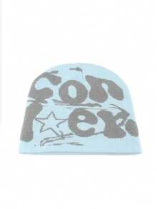 Korean Style Women's Knit Hat, Jacquard Letter Pattern, Fashionable Skull Cap, Street Style Beanie - Blue - View 3