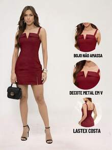 TETE FASHION WOMEN'S SHORT JUMPSUIT WITH V-NECK, ELEGANT TAILORED - 巴羅洛紅葡萄酒 - 查看 5