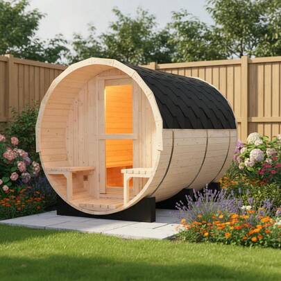 Kit de sauna de barril al aire libre de 8 pies con puerta de vidrio y estufa de acero |   Madera de pino premium |   Relajación y desintoxicación en el patio trasero