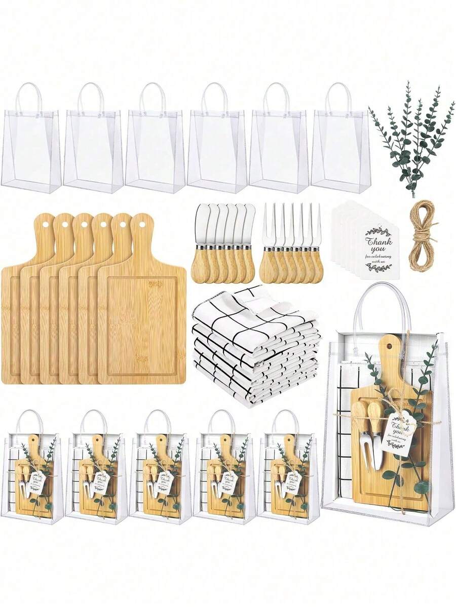 6 Sets Game Winners Square Bamboo Cheese Board Gift With Knives Spoons Gift Bags Kitchen Towels Bridal Shower Party Favors For Guests For Birthday,Wedding,Gender Disclosure Prizes Souvenirs - Multicolor - View 1