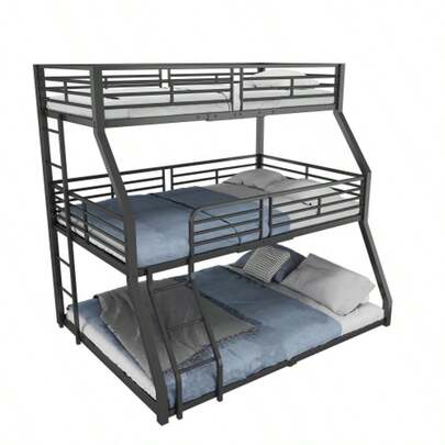 Bunk Bed, 90 X 200 Cm, 120 X 200 Cm And 140 X 200 Cm, Metal Bed Frame, Iron Bed, Triple Bunk Bed, For Children, Teenagers And Adults, Without Mattress, Black