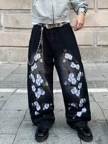 1pc Casual Loose Fit Embroidered Wide Leg Jeans, American Street Style, Comfortable Cotton Denim Pants, No Belt & Accessories - 黑色 - 查看 1
