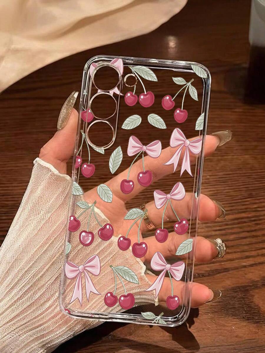 1 chiếc ốp lưng điện thoại mềm màu hồng hình nơ và quả anh đào, tương thích với iPhone 17/17 Air/17 Pro/17 Pro Max, Honor, Redmi, Galaxy A04e/12/A13/A14/A34/A50/A52/A53/A54/S21/S22/S23/S24/S25/S25Ultra, 6A/7A/8A, 12T/13T - Trong sáng - Xem 1