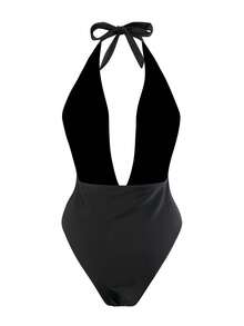 Elegant Solid Color Sexy Backless 3D Floral Knitted Fabric Beach Swimsuit - Black - View 8