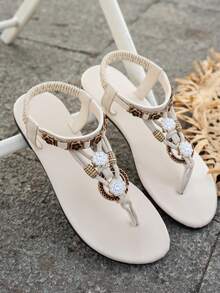 Women's Bohemian Beaded White Sandals, T-Strap Sandals, Beach Vacation Commute Summer Slip-On Casual Sandals, Summer Outdoor - White - View 4