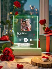 1pc Custom Music LED Night Light, Custom LED Music Plaque, Personalized Led Lamp With Picture And Wooden Base, Personalized Song Acrylic Plaque, Custom Picture Song Lamp, Music Photo Plaque Gift, Light Up Music Plaque, Valentines Gift, Couple Gift, First Wedding Anniversary Gift - Classic - Base B (Seven Color Light) - View 6
