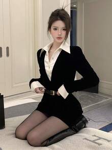 Vestidos elegantes para dama Falso dos piezas de imitación formal negro cintura delgada otoño y el invierno puro deseo viento falda corta picante paquete chica vestidos de cadera - Negro - Ver 1