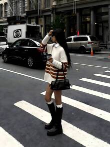 女士休闲宽松圆领长袖棕色条纹中长毛衣，适合日常穿着和通勤，秋冬季 - 棕色 - 查看 7