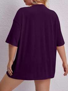 Oversized Printed Aloha Flower T-Shirt, Summer/Spring Short Sleeve Blouse, Lightweight Gym Wear - Purple - View 2