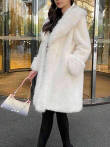 Women's Luxury Solid Color Faux Fur Long Collar Coat, An Ideal Choice For Winter - White - View 6