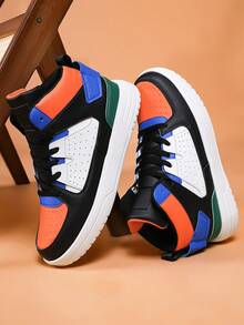 Men's High-Top Skate Shoes, Black Multi-Color Sneakers With Orange Blue Green Accents, Thick Sole Breathable Athletic Shoes For Streetwear, Comfortable Urban Style Gift For Him - 黑藍 - 查看 4