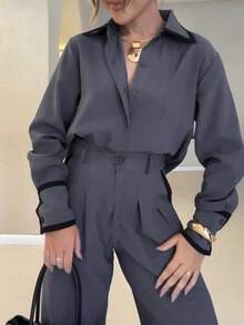 女士优雅宽松落肩衬衫+直筒裤套装，长袖撞色衬衫搭配中腰裤两件套，休闲时尚春季装扮 - 灰色 - 查看 5