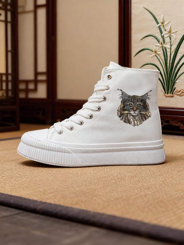 2D Cat Face Embroidery High-Top Breathable Comfortable Casual Shoes, Black & White, Creative Cat Pattern, Durable For Daily Commute - White - View 13