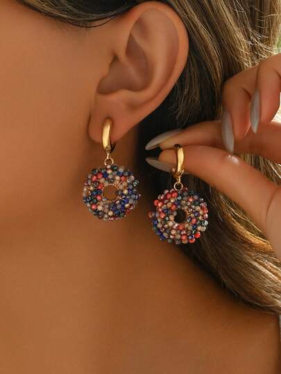 1 Pair Luxury Handmade Colorful Crystal Geometric Hoop Earrings, Elegant Design Beaded Artificial Crystal Earrings Suitable For Women Wedding, Daily, Vacation, Party (Bead Color & Position Random)