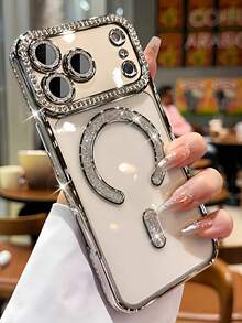 1个银色2026奢华水钻手机壳，兼容 17 AIR 16 15 14 13 12 11 Pro Max Plus 16E，磁吸式透明镜头保护