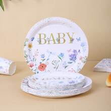 一套花卉图案婴儿设计一次性餐盘、餐巾纸、杯子、桌布和横幅，派对用品套装，可供16位客人使用，适用于生日、婚礼、主题派对、家庭野餐等场合。