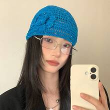 Women's Crochet Cap With Floral Accents, Cute And Sheer, Simple Design For Spring And Summer, Beige - Black - View 7