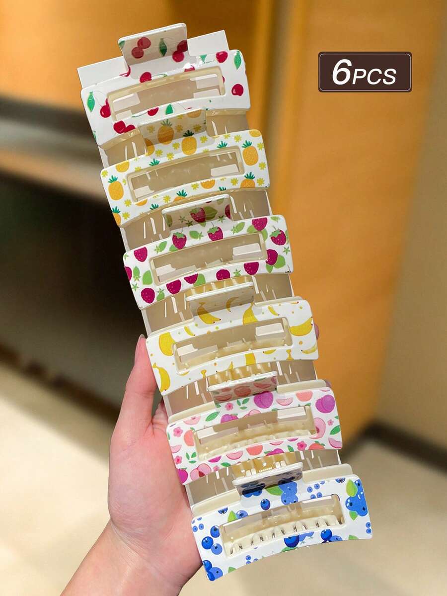 6个装女士彩色方形水果发夹，包括草莓、樱桃、菠萝、香蕉、桃子、蓝莓，甜美可爱风格，适合度假和日常休闲佩戴。夏季配饰套装，发饰，女士配饰，返校季发饰，沙滩配饰。优雅抓夹，休闲发爪。