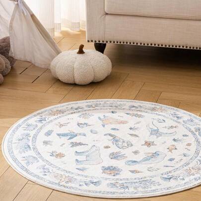 白色动物纹圆形地毯，客厅艺术地垫，仿生动物图案圆形地毯，复古花卉圆形地毯，柔软可水洗，适用于玄关、楼梯和过渡空间，现代简约复古风格