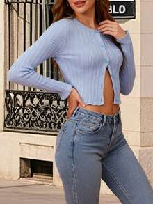 Women's Button Down Ribbed Cardigan Solid Color Long Sleeve Cropped Knit Jacket Streetwear - Màu xanh lam - Xem 1