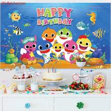 2 Striscioni piatti, Striscione per festa di compleanno a tema squalo singolo, decorato con balene a cartoni animati e sfondo fotografico a tema oceano, adatto per feste di compleanno, festa di nascità, decorazione del tavolo della torta e sfondo fotografico (blu) - Blu - Visualizzare 3