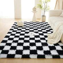 1 件装高档柔软蓬松地毯，带 1 厘米海绵垫，适用于卧室、客厅、阳台、书房、户外野餐、家居装饰，防滑奢华地毯 - 黑與白 - 查看 1