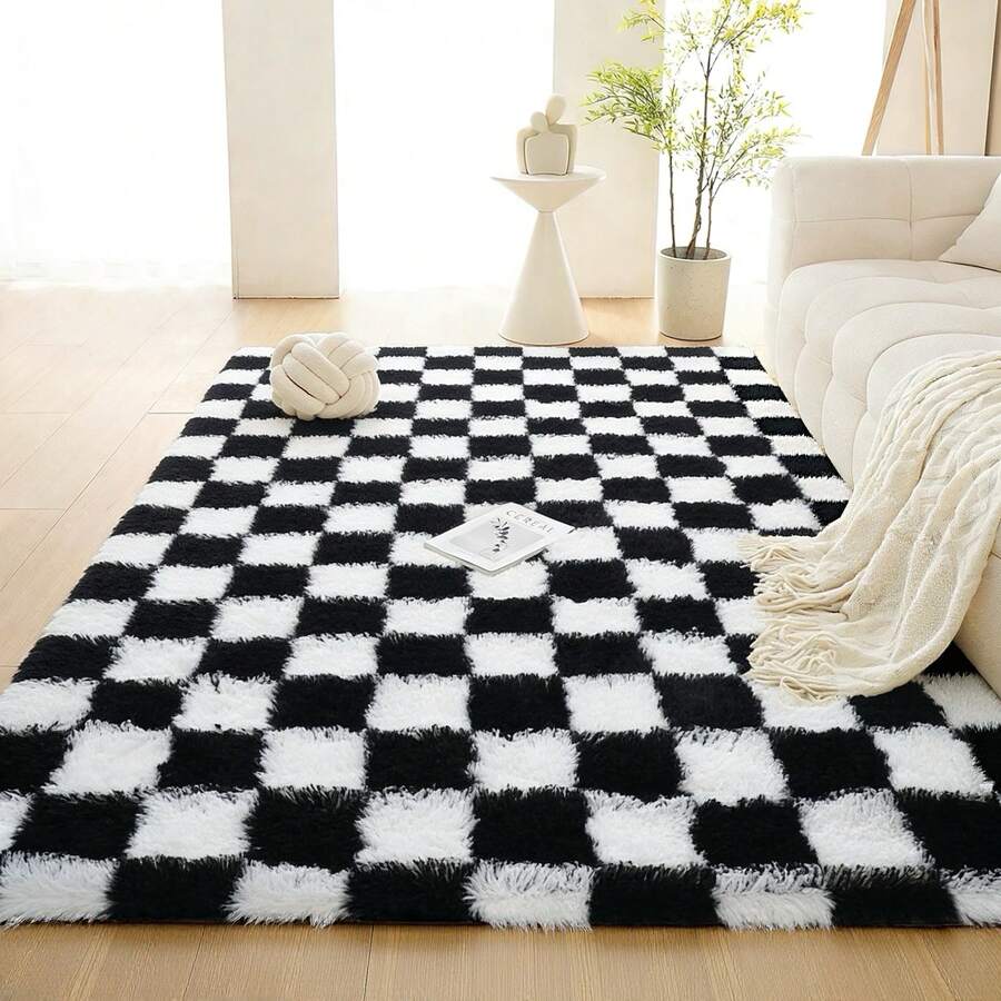 1 件装高档柔软蓬松地毯，带 1 厘米海绵垫，适用于卧室、客厅、阳台、书房、户外野餐、家居装饰，防滑奢华地毯 - 黑與白 - 查看 1