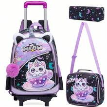 3件套女童拉杆背包，多口袋美人鱼/猫咪图案，适合小学生，带铅笔盒和铅笔盒 - 女童分離式拉桿包 - 查看 16