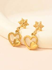 1pair Western Vintage18k Gold Plated Stainless Steel Heart Shaped Piercings Valentines Earrings Jewelry Women ,Dangle Stud Earrings Women ,Valentine's Day ,Wedding ,Mother's Day, Gifts For Women,Mon Suitable For Wear With Daily Outfits And Mardi Gras Party Accessories - Gold - View 3