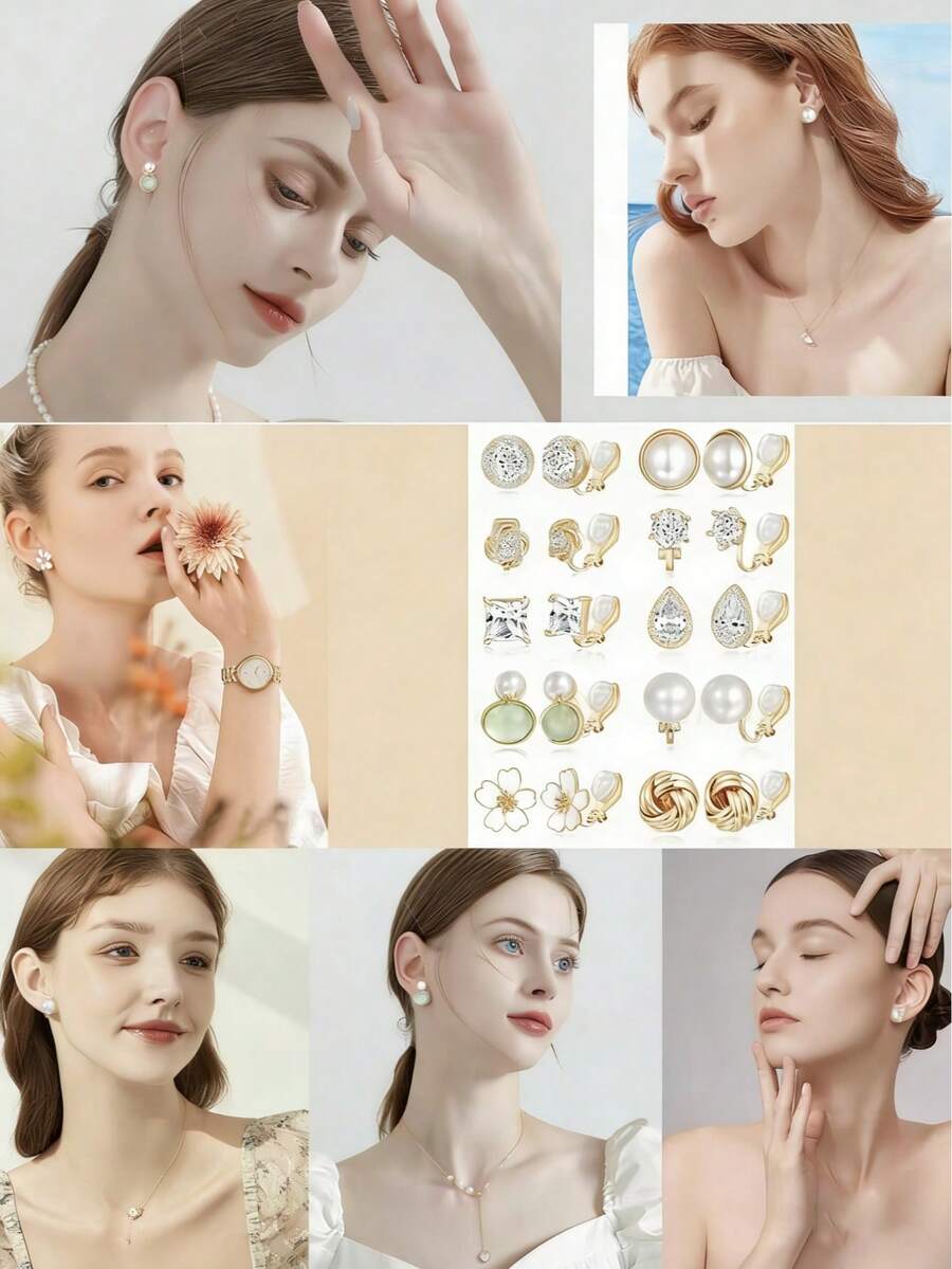 10 đôi bông tai kẹp hình bướm/hoa/nơ sang trọng, thời trang, chất liệu đá Cubic Zirconia cao cấp AAA+ và ngọc trai giả, phù hợp cho nữ giới - Thích hợp để đeo hàng ngày, dự tiệc và làm quà tặng ngày lễ. - Vàng - Xem 1