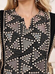 2026 New Style Ramadan Traditional Elegant Sleeveless V-Neck Dress With Embroidery, Silver Sequins, Tassels And Tie For Arabian Women - Black - View 3