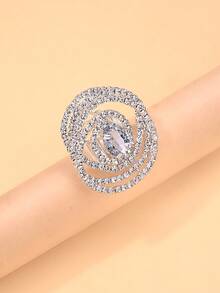 1pc Fashionable Flower Ring With Sparkling Rhinestones, Open-Ended Ring Jewelry - Silver - View 4