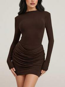Sexy Vintage Brown Long Sleeve Mini Dress, Round Neck Knit Fitted Style, Ruched Detail Design, Medium Stretch Fabric - Brown - View 4