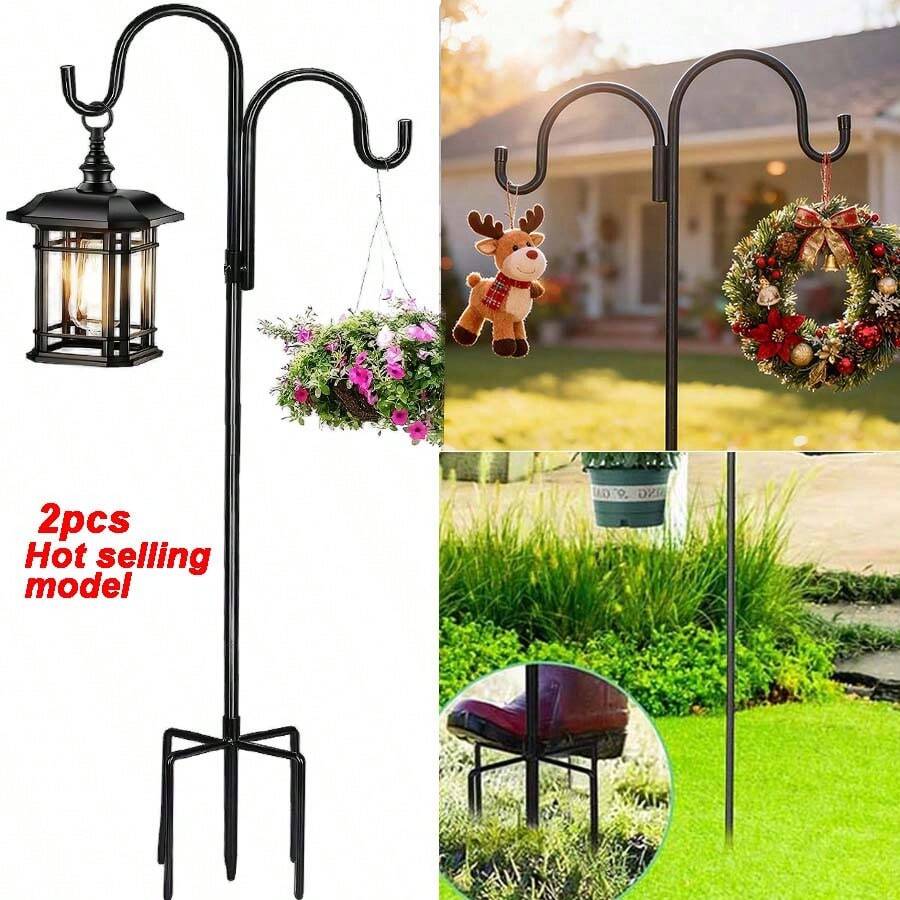 Set Of 2 Heavy Duty Outdoor Shepherd Hooks With 5 Nail Bases - Double Arm/Single Wall Optional, Sturdy Garden Rods For Christmas Furniture Decoration, Garden/Flower Stand/Flower Decoration, Hanging Bird Feeders, Plant Baskets, Solar Lights, Outdoor Halloween Decorations - SBMYG - 查看 1