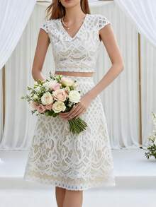 女士婚礼礼物派对服装，蕾丝短袖V领上衣+蕾丝裙两件套，派对服装春季白色 - 白色 - 查看 5