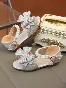 A Pair Of Girls' Cute Flat Shoes With Colorful Crystal Faux Pearls, Bow Ties, And Gretel Material, Suitable For Summer.,Kids Shoes,Girls Shoes - Silver - View 6