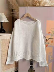 Áo len dệt kim dài tay cổ tròn thanh lịch dành cho nữ cỡ lớn, kiểu dáng khoét lỗ thời trang, màu trắng mùa thu hè. - trắng - Xem 7
