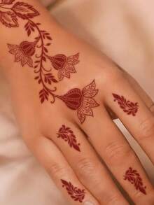 1 Blatt waschbarer temporärer Henna Tattoo Aufkleber - rotes Blumenmotiv für die Handrückseite, schöner Blumen Modestil, geeignet für den täglichen Gebrauch - Verschiedenfarbig - Übersicht 3