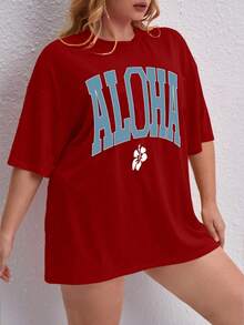 Oversized Printed Aloha Flower T-Shirt, Summer/Spring Short Sleeve Blouse, Lightweight Gym Wear - Red - View 1